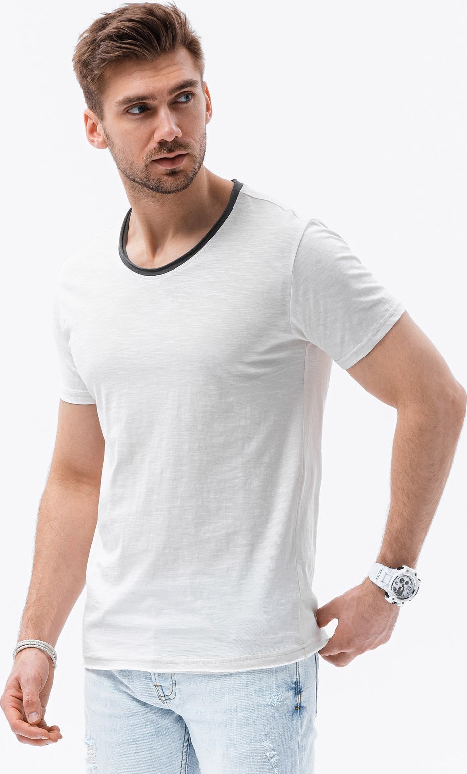 Ombre Męski t-shirt z surowym wykończeniem ecru V6 OM-TSCT-22SS-004 XXL