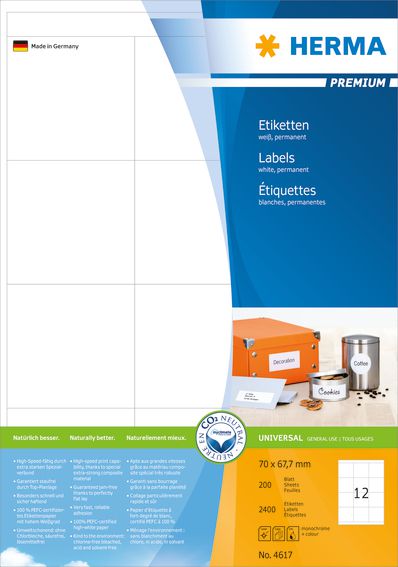 Herma Etykiety Premium 4617, A4, białe, 70 x 67,7 mm, papier matowy, 2400 szt. (4617)