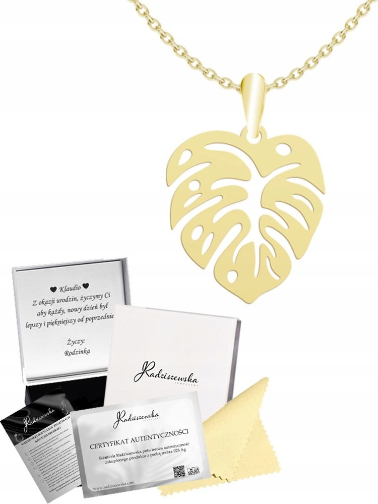Radziszewska Jewellery Złoty Naszyjnik Liść Monstery 925 Łańcuszek Prezent Kobieta Monstera GRAWER
