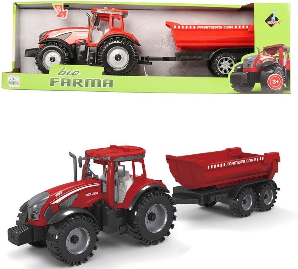 Traktor z czerwoną przyczepą