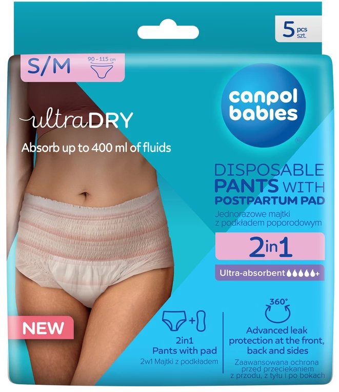 Oddychające majtki poporodowe 2w1 z podkładem S/M 5 szt.