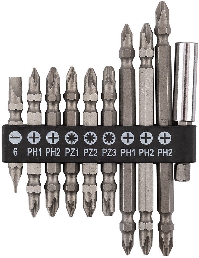 Zestaw bitów dwustronnych SL6, PH1x2, PH2x3, PZ1/2/3, z uchwytem magnetycznym 60 mm, 10 szt.