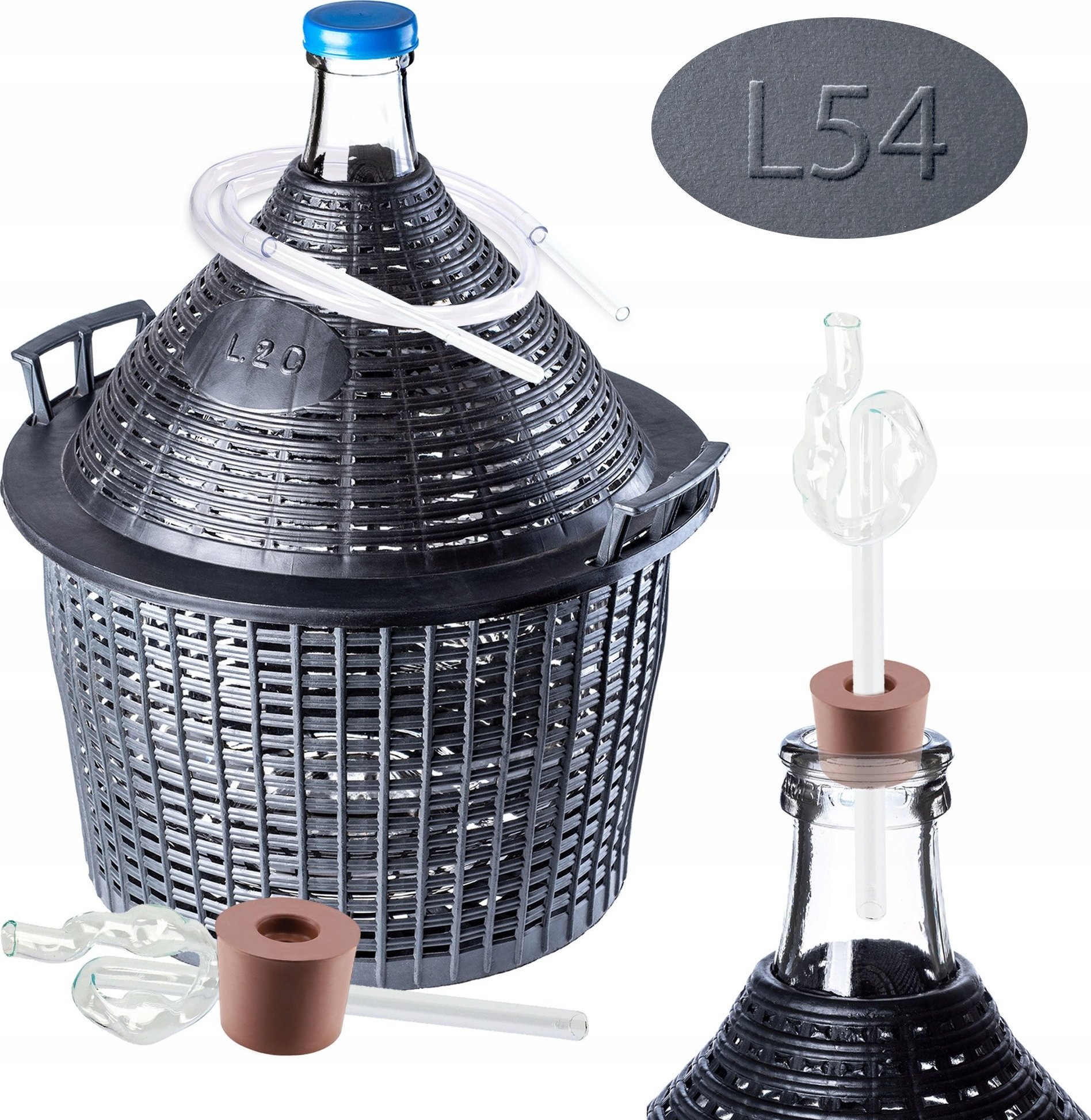 Kadax KADAX Gąsior Na Wino Balon 54 Litry Rurka Korek Ściągacz W Koszyku Zestaw