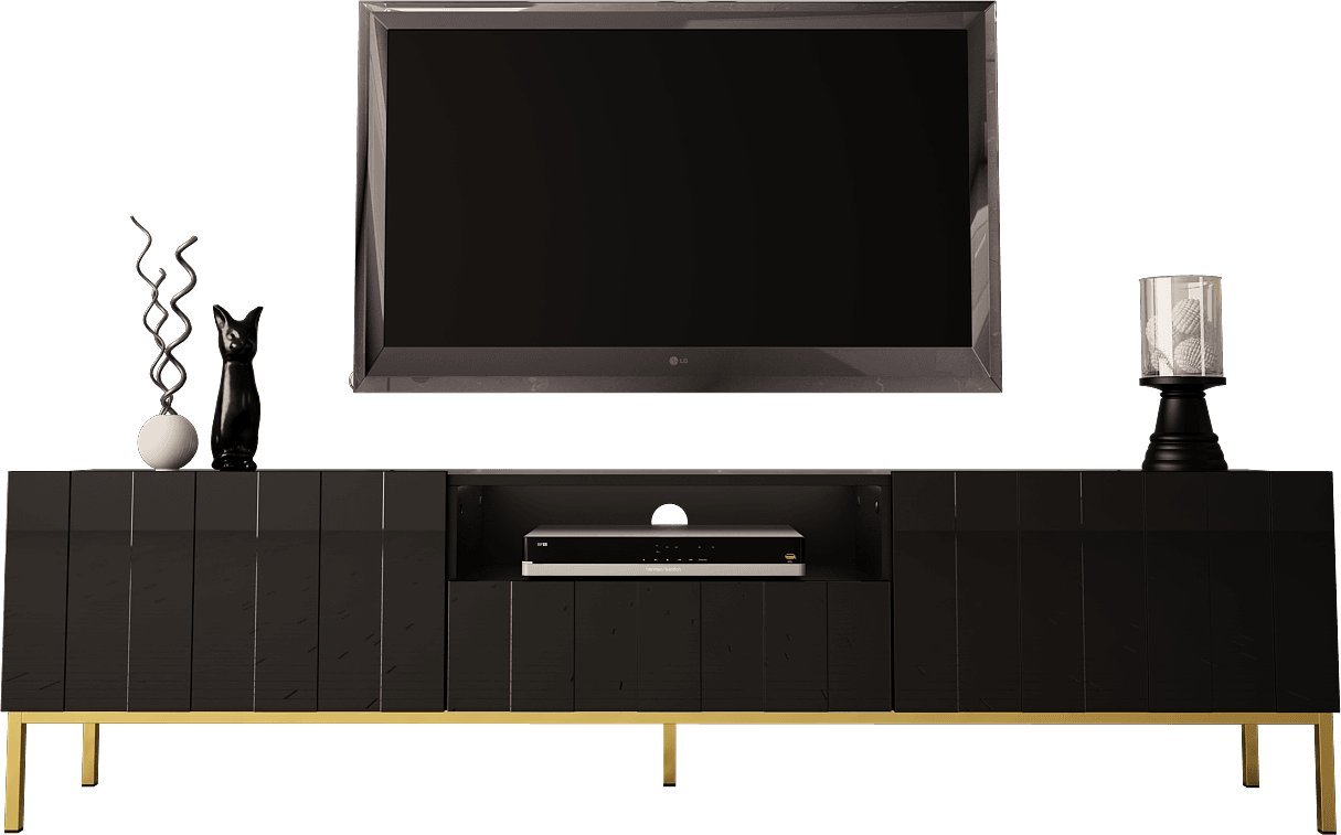 MEGSTYL SZAFKA RTV 190CM NA ZŁOTYCH NÓŻKACH - ELEGANTE 1 Czarny mat - Czarny połysk
