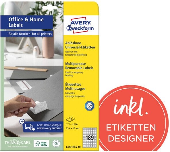 AVERY Zweckform Etykiety uniwersalne 25,4 x 10 mm biały wielokrotnie usuwalny z brzegiem dookoła certyfikowany FSC - 1 Stück (L4731REV-10)