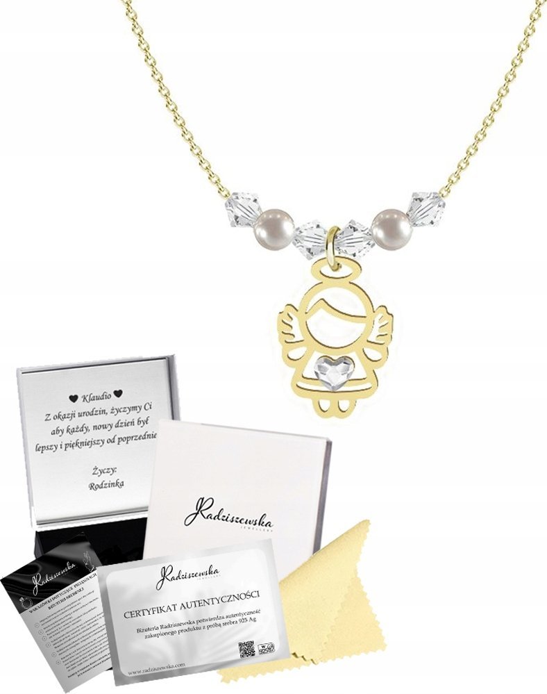 Radziszewska Jewellery Złoty Naszyjnik na KOMUNIĘ z Aniołkiem Łańcuszek Prezent ŻYCZENIA GRATIS