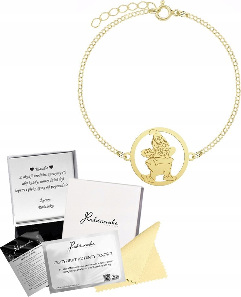 Radziszewska Jewellery Bransoletka Pozłacana Krasnal Łańcuszek Biżuteria Prezent 925 GRAWER GRATIS