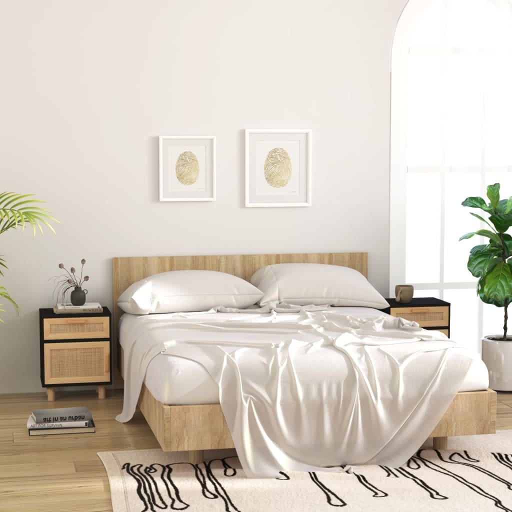 vidaXL vidaXL Szafki nocne, 2 szt., czarne, lite drewno sosnowe i rattan