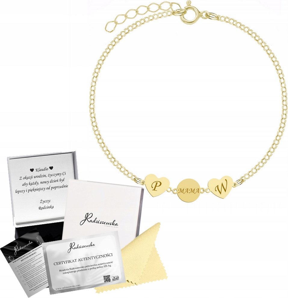 MEJK Jewellery Bransoletka Złota dla Mamy Serca Blaszka Mama Inicjały GRAWER 925 Prezent