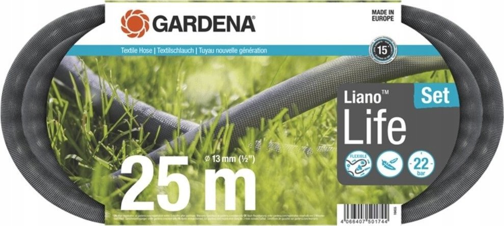 Gardena Gardena Textile Hose Liano Life 1/2, 25 meter set (dark grey/orange, model 2023, incl. cleaning nozzle, 2 tap connectors)