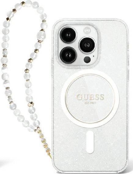 Guess Guess GUHMP16SHGCRELST iPhone 16 6.1" przeźroczysty/transparent hardcase IML Glitter With Pearl Strap MagSafe