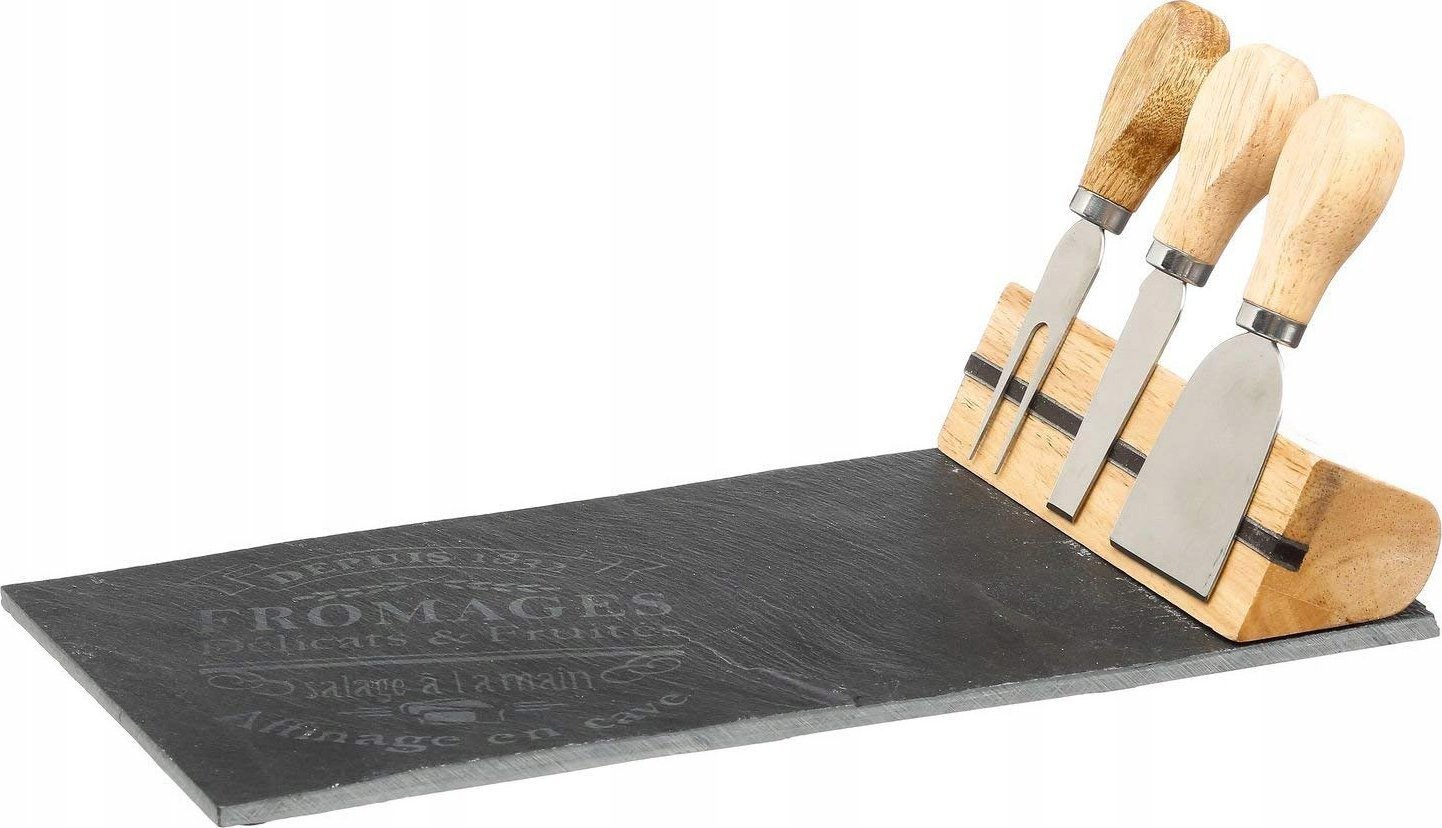 Secret de Gourmet Akmeninė lenta sūriui patiekti + 3 peiliai ant stovo, elegantiškas virtuvės komplektas - SECRET de GOURMET