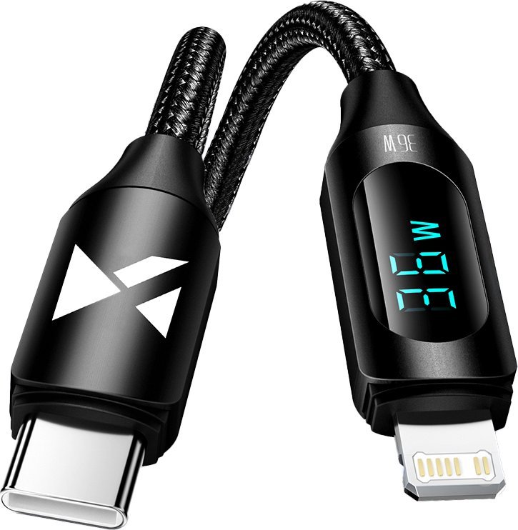 Wozinsky Kabel przewód do iPhone USB-C - Lightning z wyświetlaczem LED 36W 2m czarny Kabel przewód do iPhone USB-C - Lightning z wyświetlaczem LED 36W