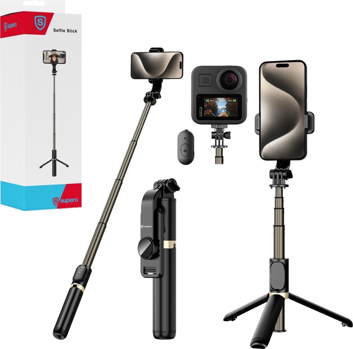 Selfie stick SUPERO Kijek, Tripod, Uchwyt, Statyw, Selfie Stick Supero Q03 do Telefonu GOPRO, pilot Bluetooth, Czarny