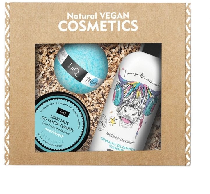LaQ Ogarnij się Krowa zestaw szampon i żel do mycia 300ml + mus do mycia twarzy Marakuja 40g + kula do kąpieli Marakuja 120g