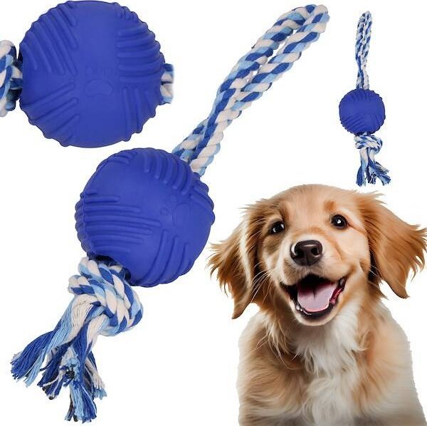 Springos Zabawka dla psa szarpak sznur z węzłem i piłką gumową gryzak niebieski UNIWERSALNY
