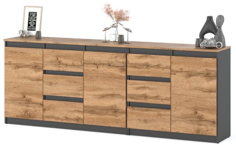 Komoda Młodzieżowa Nowoczesna 6 Szuflad 200cm Duża Szafka Szara Dąb Wotan