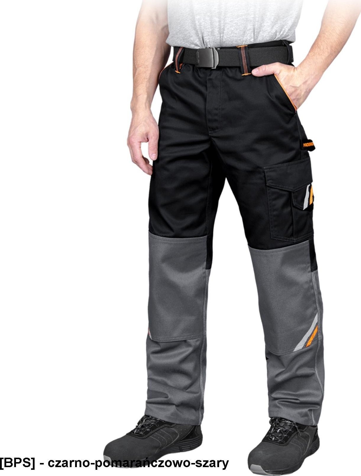 R.E.I.S. PROX-T - spodnie ochronne do pasa PROX, guzik, zamek, 6 kieszeni, na nakolanniki, odblaski, 65% poliester, 35% - czarno-pomarańczowo-szary 54