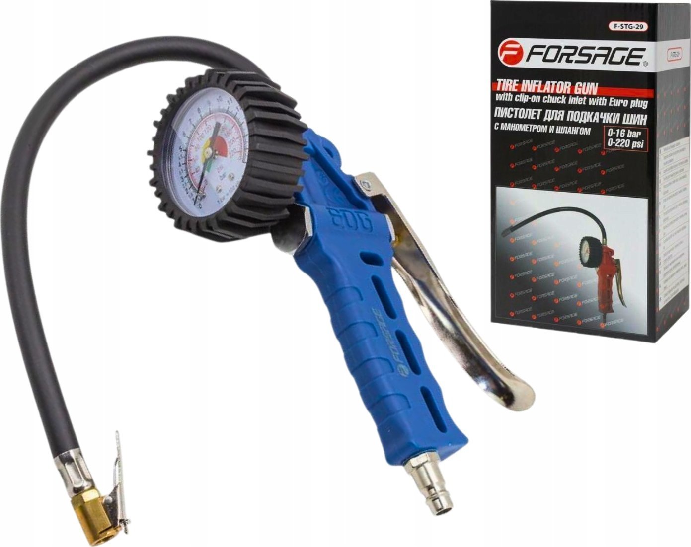 Forsage Pistolet do pompowania kół z manometrem i wężem (0-16Bar)