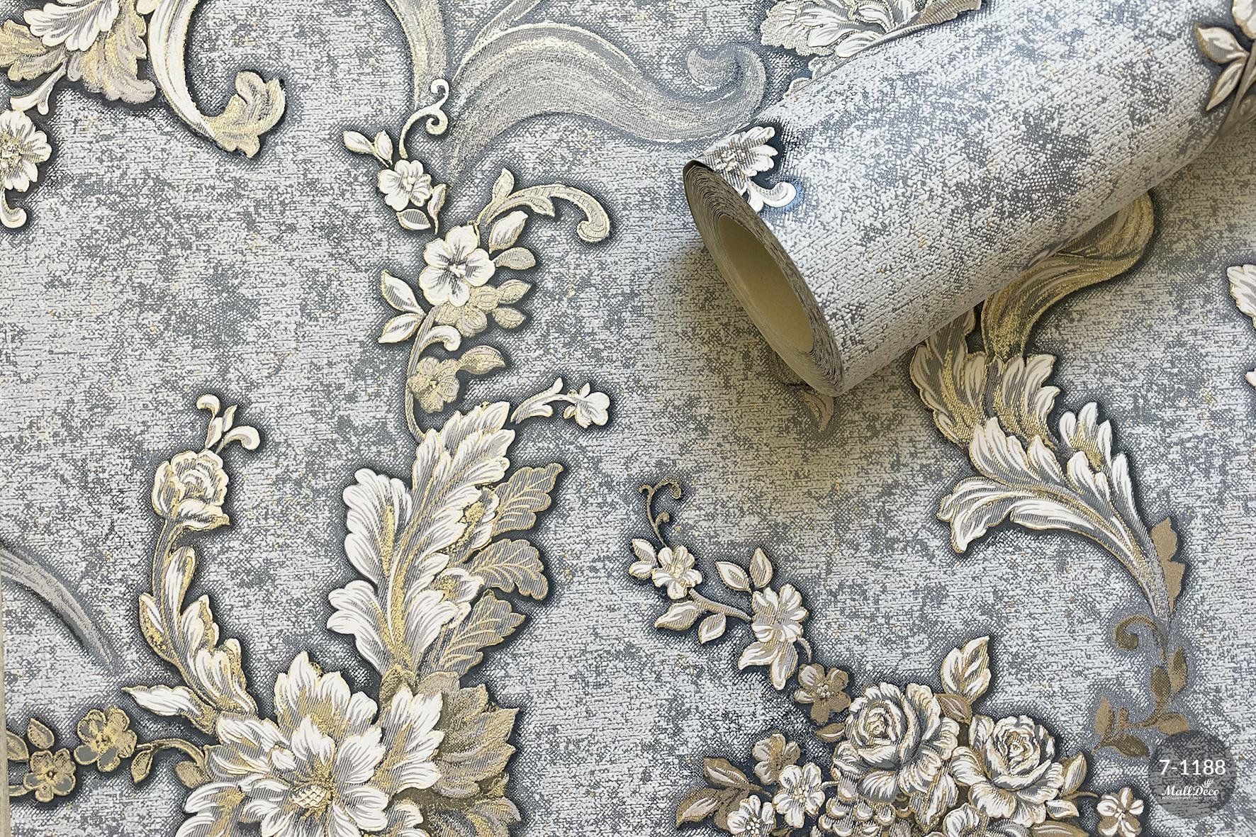 MallDeco TAPETA WINYLOWA MADLEN SZARO-NIEBIESKO-ZŁOTA DEKORACJA