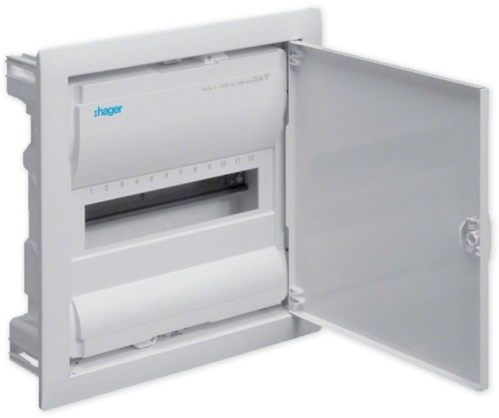 Rozdzielnica podtynkowa z drzwiami metalowymi, 1 rząd, 12 modułów, IP30, QC, HAGER Volta VU12AT