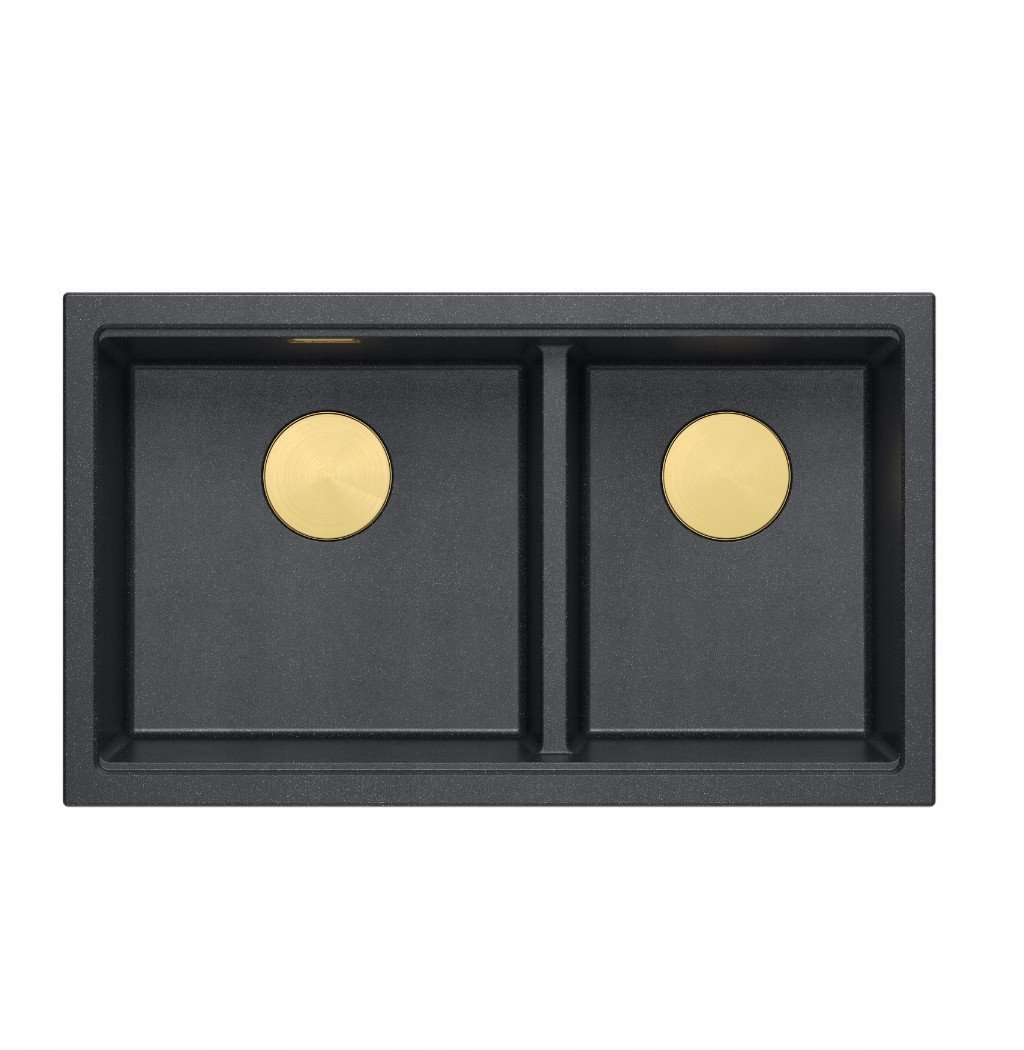 QUADRON | LOGAN 120 | granitowy zlewozmywak kuchenny PURE CARBON + ZŁOTO PVD | wymiar: 76 x 45 x 23,5 cm | 2-komorowy podwieszany | podbudowa szafki o