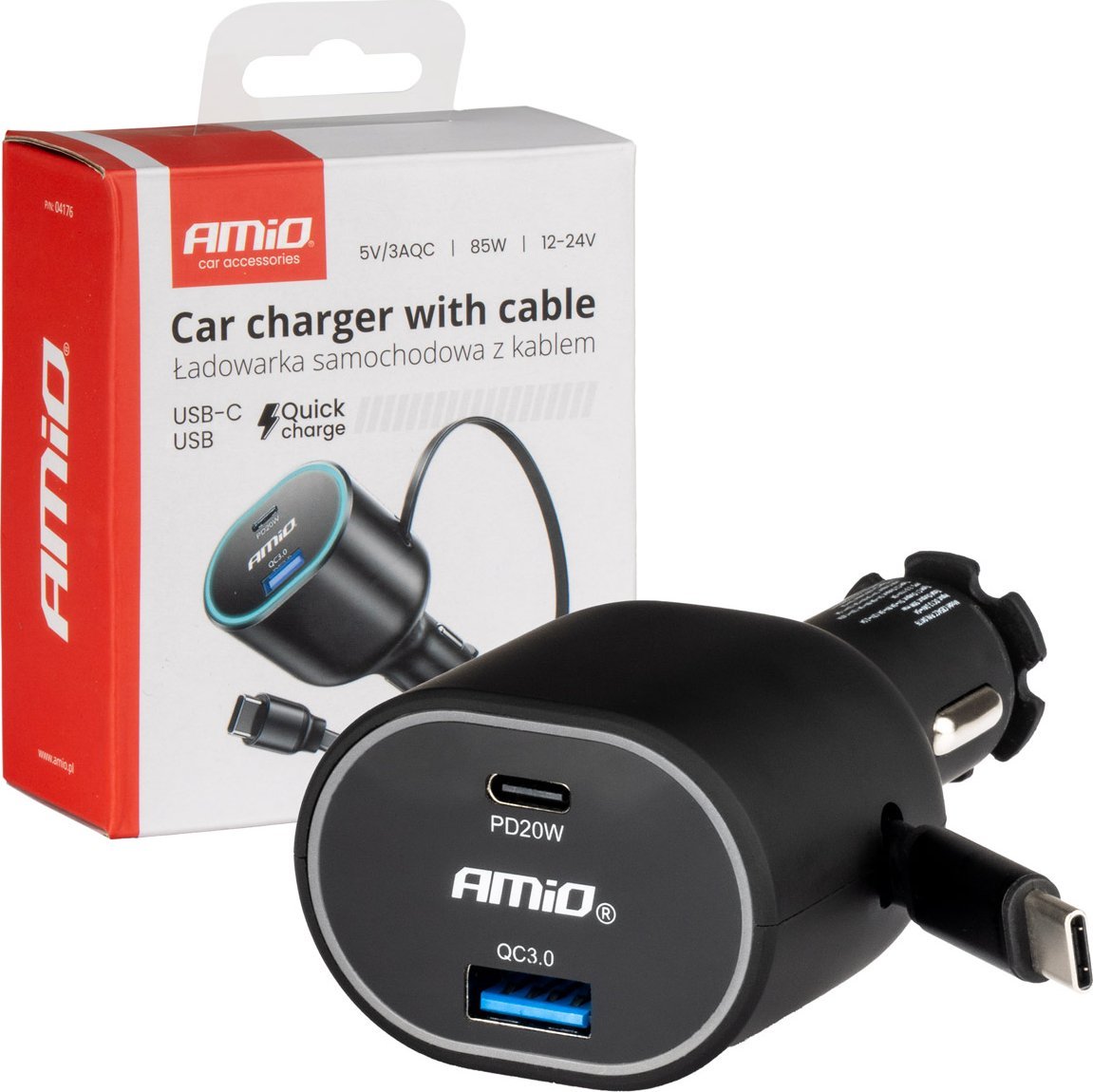 Ładowarka AMiO Szybka ładowarka samochodowa ze zwijanym kablem 85w pd30w pd20w + qc3.0 usb-a usb-c amio-04176