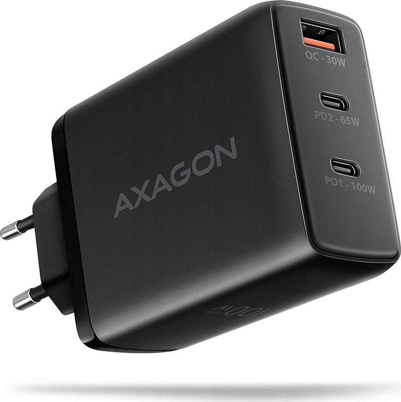 Ładowarka Axagon ACU-DPQ100 Ładowarka sieciowa, GaN 100W, 3x port (USB-A + dual USB-C) PD3.0/QC4+/PPS/Apple, czarna