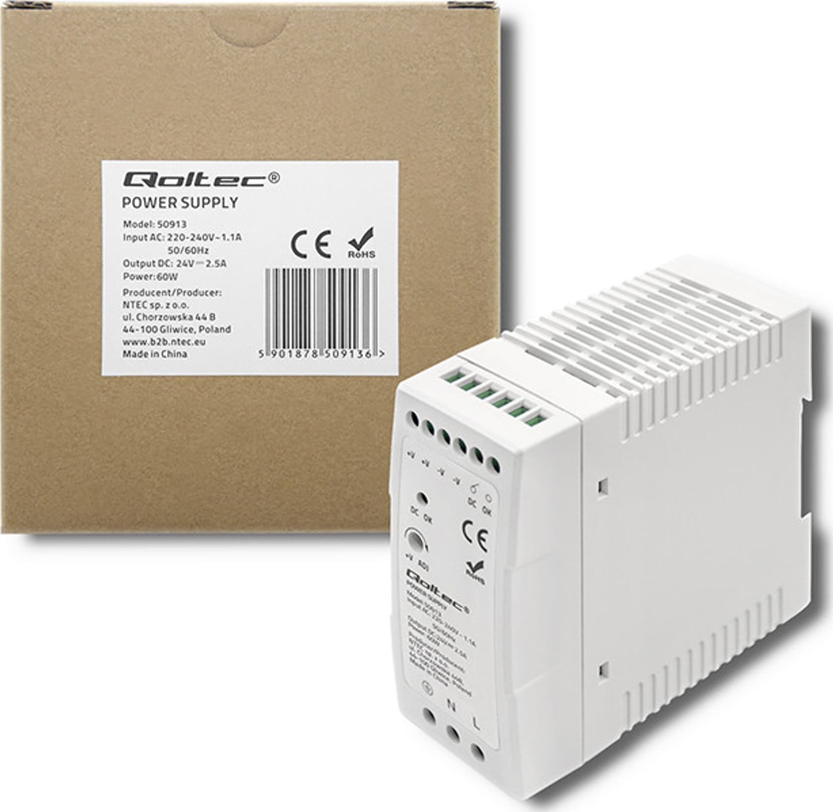 Zasilacz serwerowy Qoltec Qoltec Zasilacz na szynę DIN 60W 24V 2.5A Biały Slim