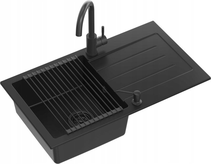 Zlewozmywak GraniteQ JOHNNY 111 GraniteQ zlewozmywak granitowy Pure Carbon 1-komorowy z/o (77x44x18,5), z syfonem black + bateria Kate Pure Carbon + d