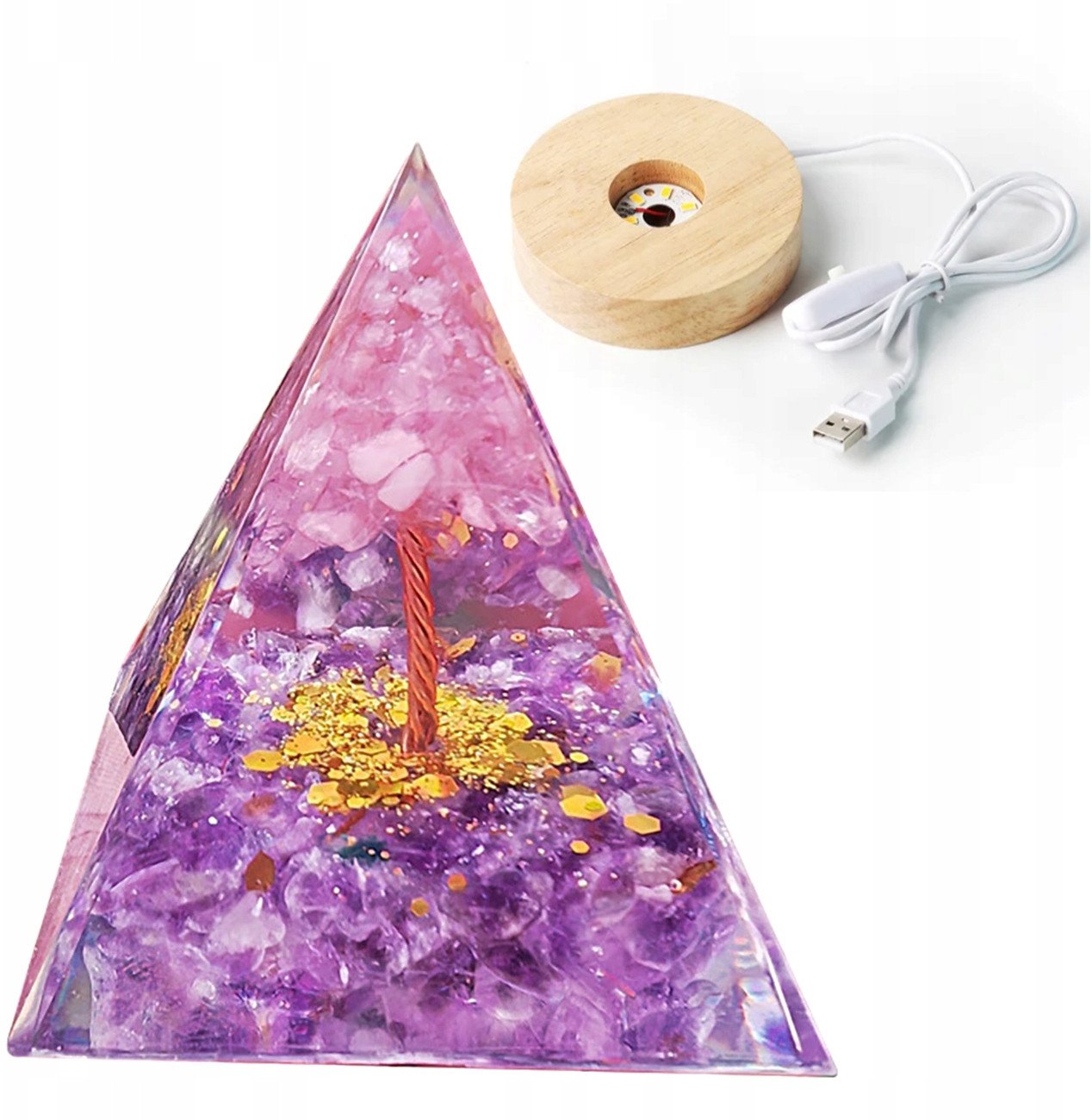 Piramida ORGONIT +LED Lampka PODSTAWA 5cm KRYSZTAŁ KAMIENIE AMULET 5cm HX06