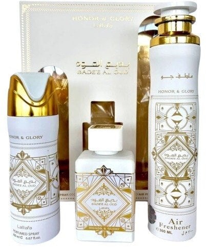 SET LATTAFA Honor & Glory Badee Al Oud EDP spray 100ml + PERFUMED SPRAY 200ml + AIR FRESHENER 300ml