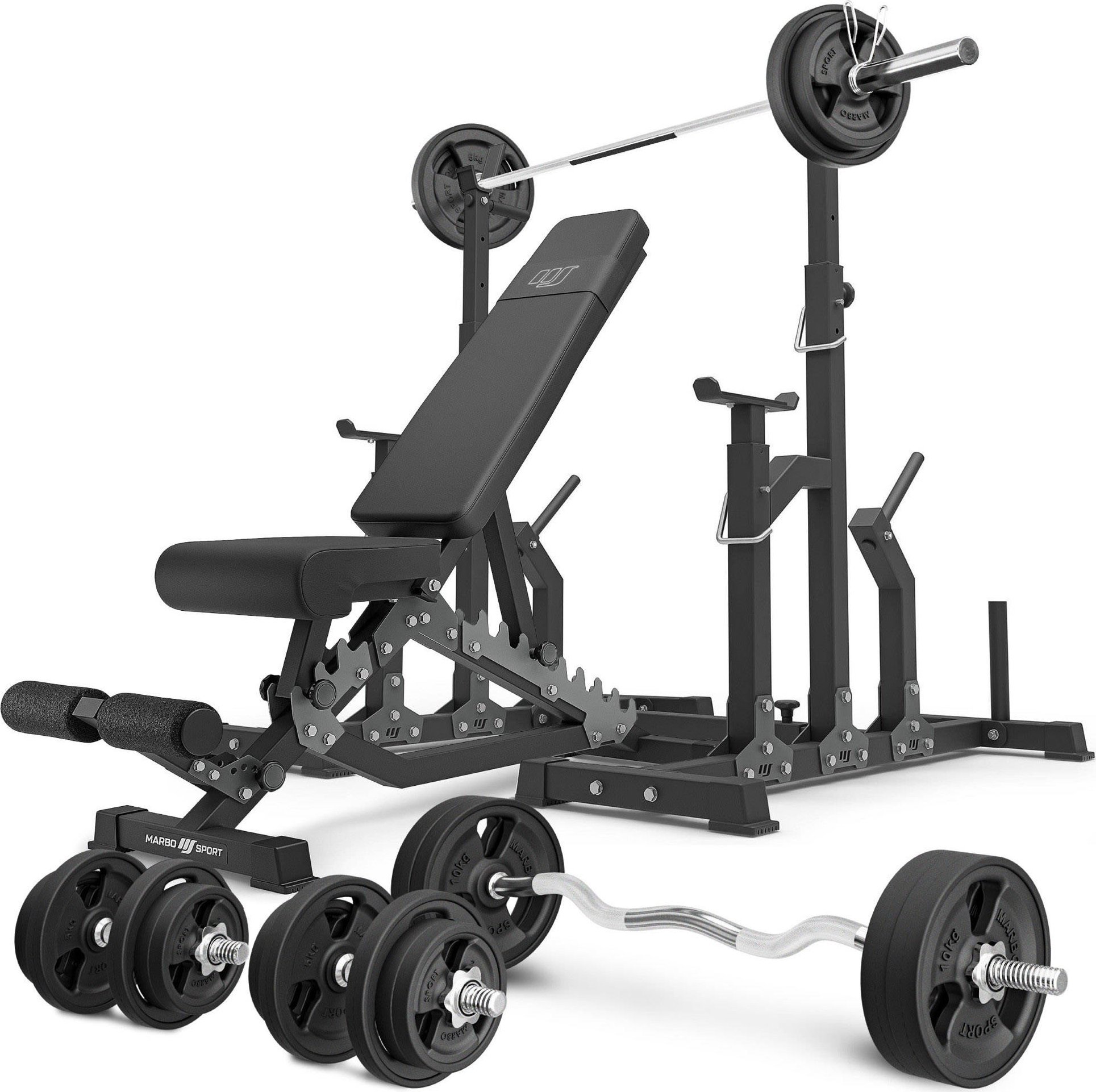 Zestaw MS2_2.0_113KG_G | Ławka dwustronna + stojaki regulowane + zestaw gryfów i obciążeń gumowanych 113 kg- Marbo Sport