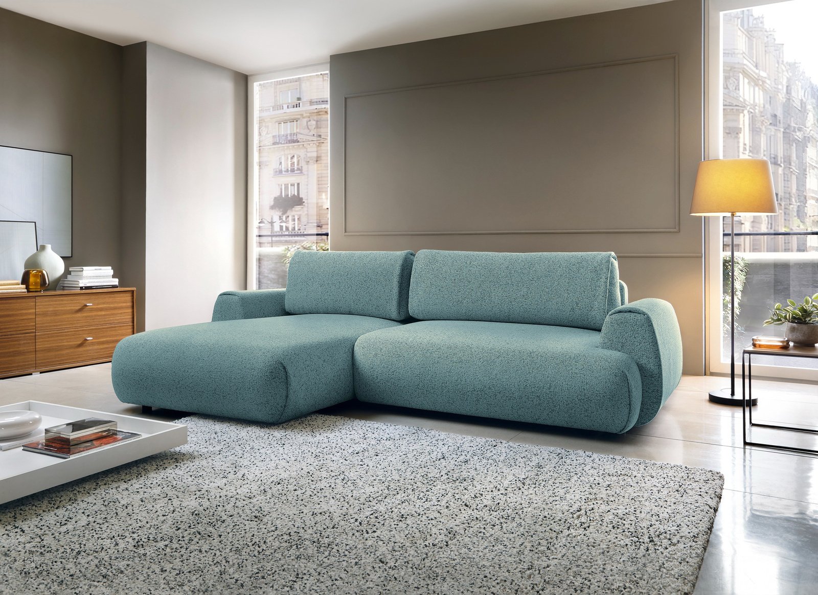 Narożnik VERNIO lewostronny plecionka Puente 73 lazur niebieski funkcja spania