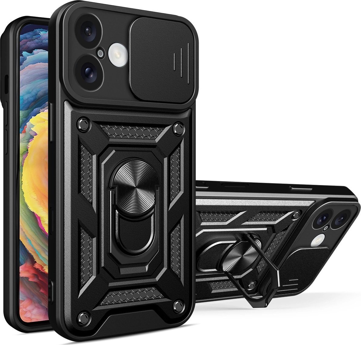 Hurtel Etui Hybrid Armor Camshield na iPhone 16 Plus pancerne z osłoną na aparat z podstawką - czarne