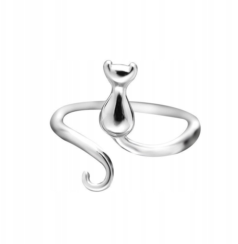 Srebrny DAMSKI PIERŚCIONEK REGULOWANY Uniwersalny KOTEK Ogon PIĘKNY MODNY