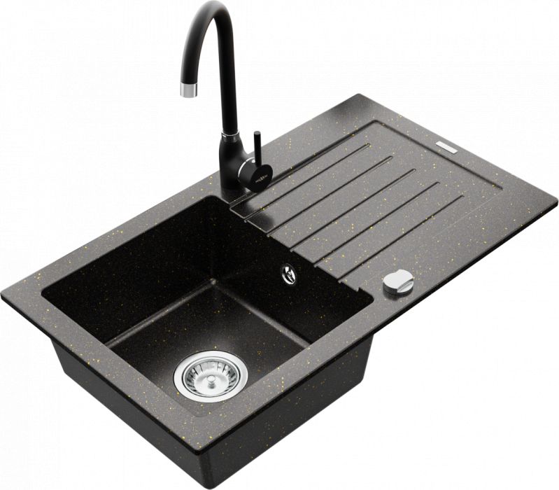 Zlewozmywak Mexen Mexen Pablo zlewozmywak granitowy 1-komorowy z ociekaczem i baterią kuchenną Telma, czarny/złoty - 6510-75-670200-70
