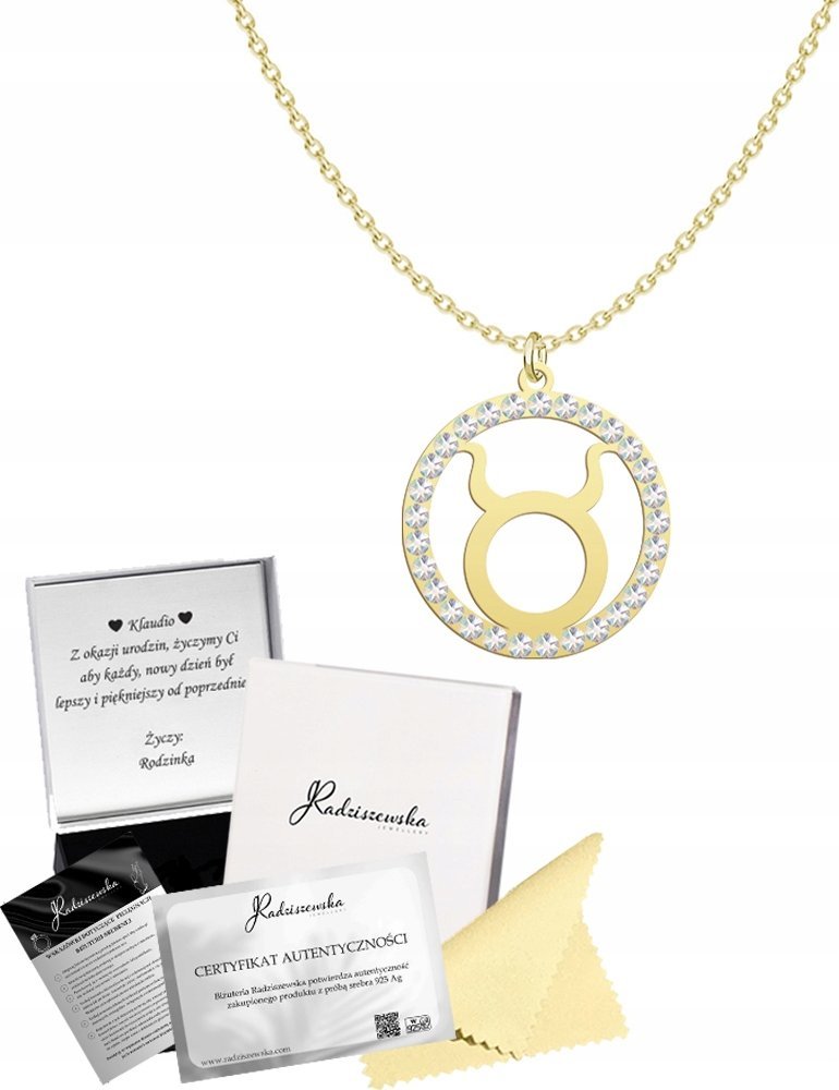 Radziszewska Jewellery Złoty Naszyjnik Znak Zodiaku BYK Łańcuszek Prezent 925 DEDYKACJA GRATIS