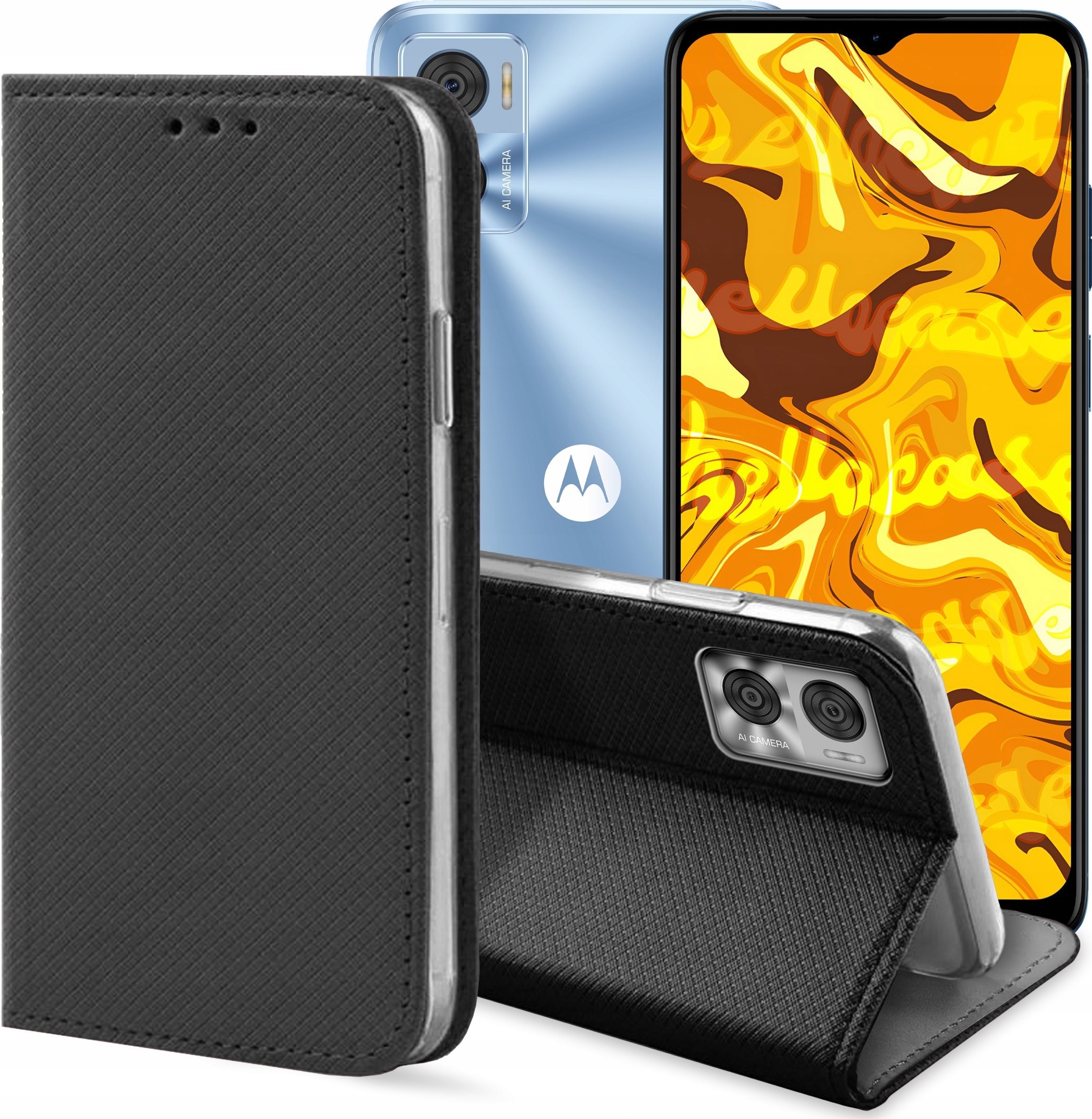 Hello Case ETUI Z KLAPKĄ DO MOTOROLA MOTO E22 / E22I CZARNE ZAMYKANE MAGNETYCZNE FLIP
