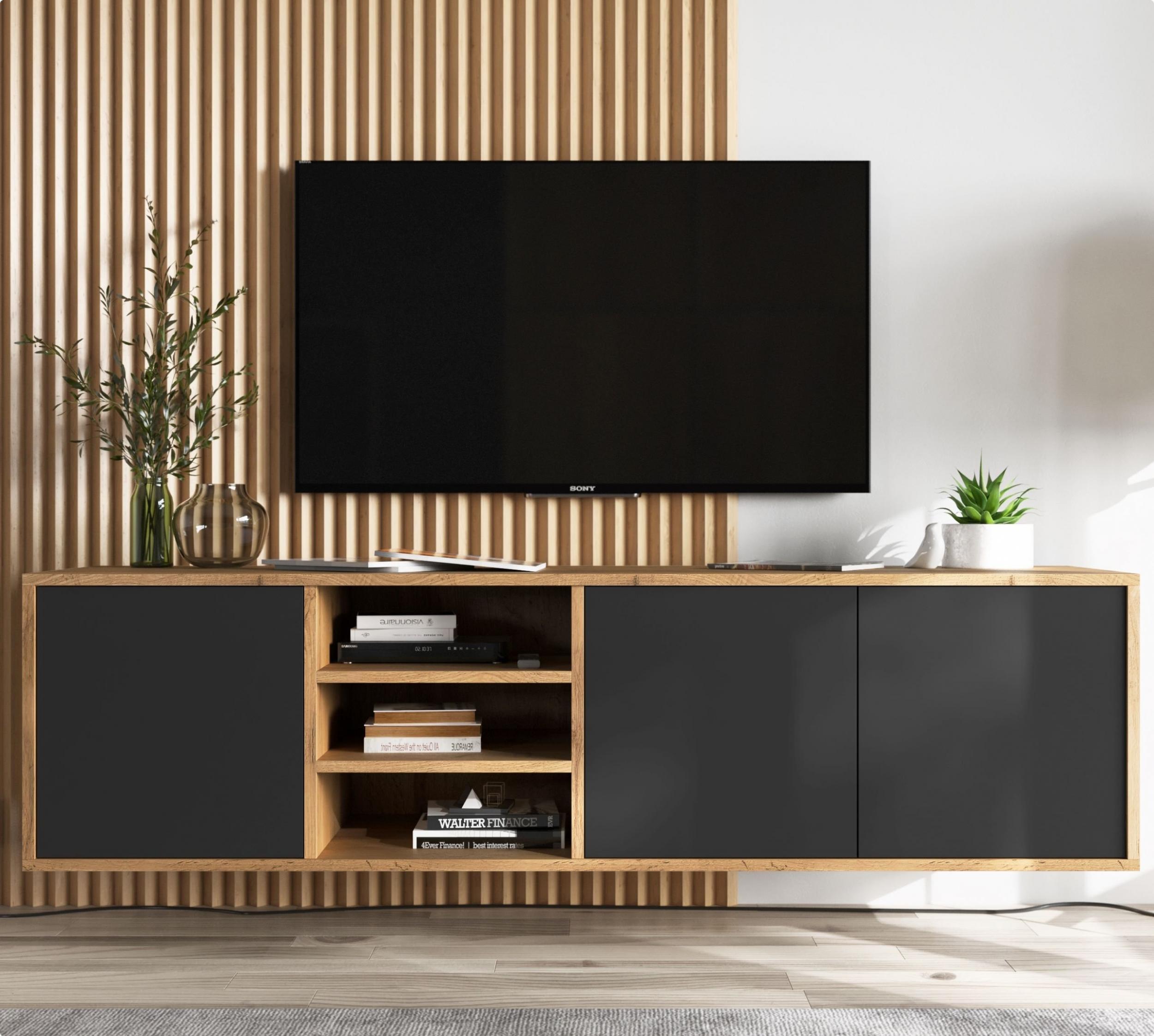 Meble Lindner Wisząca szafka RTV Loft komoda RTV wotan czarny MAT 150 cm