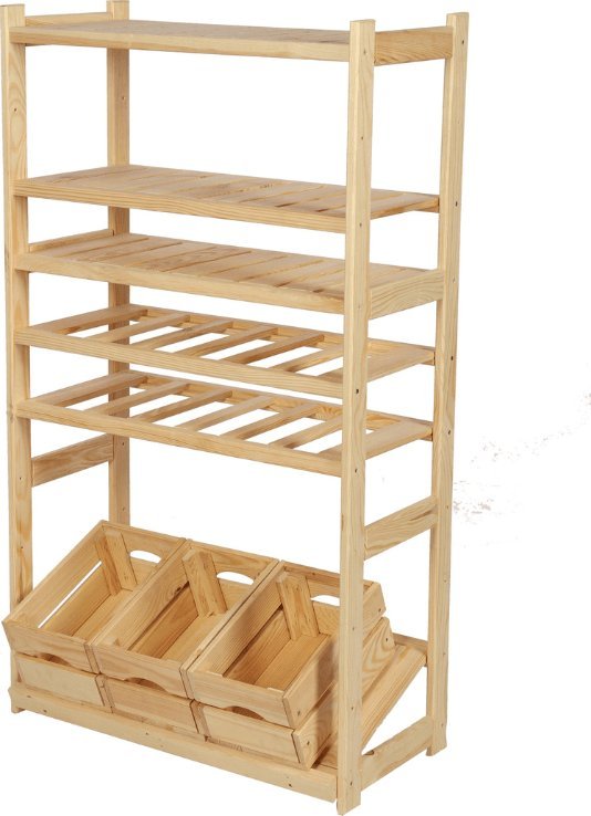 Wamar-Sosenka Regał drewniany do spiżarni LSR P3W2S1 Naturalny Półki proste 3 szt, Półki na wino 2 szt, Półki na skrzynki 1 szt Drewno sosnowe