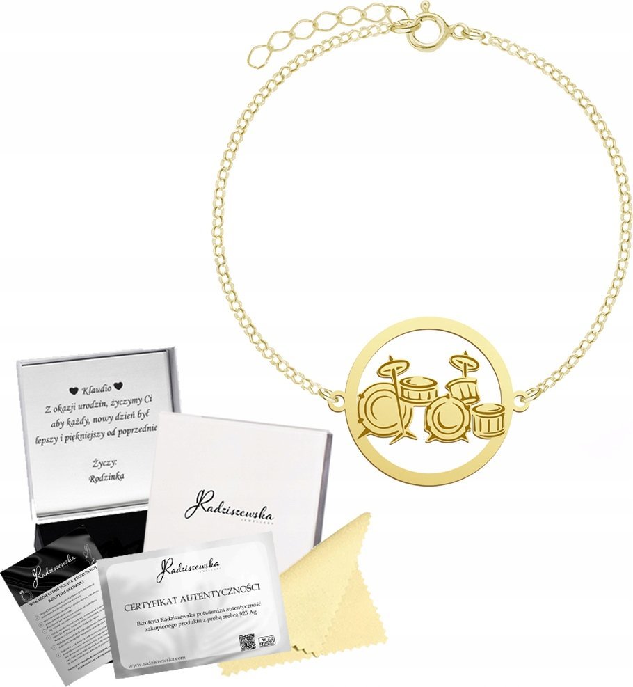 Radziszewska Jewellery Złota Bransoletka z Perkusją 925 Perkusja Łańcuszek GRAWER DEDYKACJA GRATIS