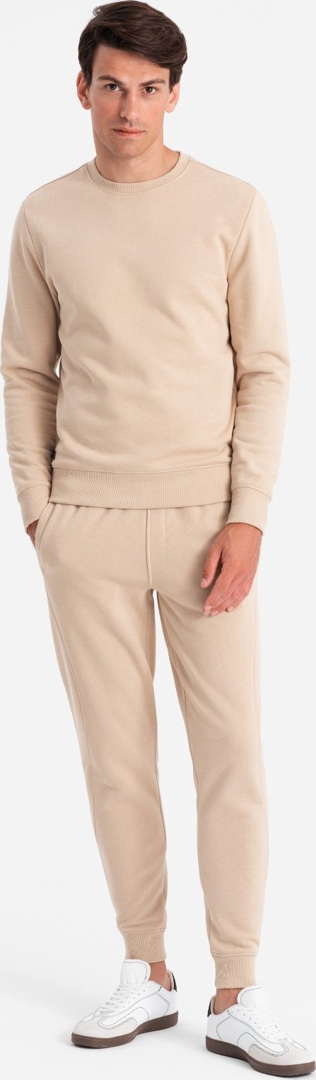 Ombre Komplet dresowy męski bawełniany BASIC bluza nierozpinana + joggery beżowy V6 Z84 XXL