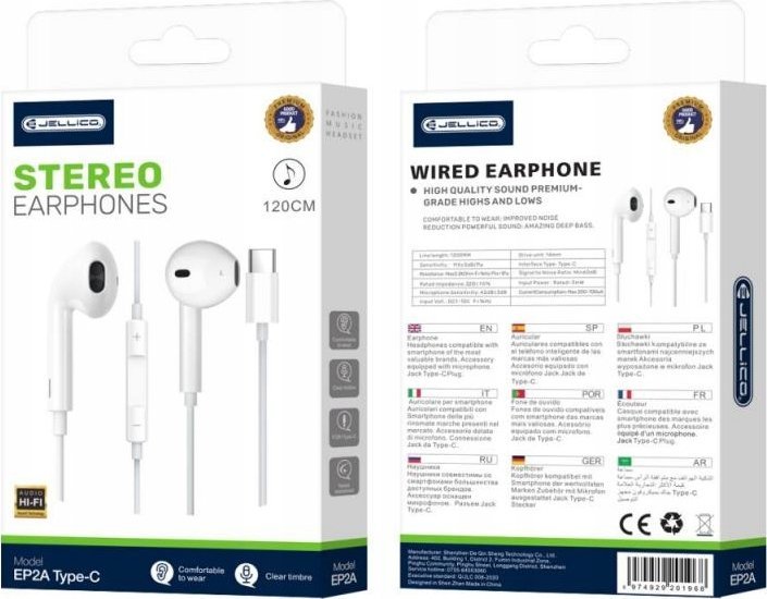 Słuchawki Jellico JELLICO słuchawki przewodowe EP2A USB-C z mikrofonem 1.2M Biały
