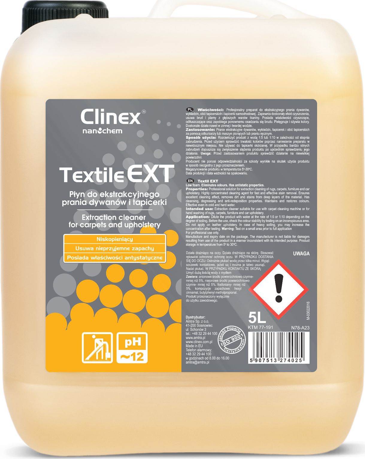 Clinex Płyn do maszynowego i ręcznego prania dywanów i tapicerki CLINEX Textile EXT 5L Płyn do maszynowego i ręcznego prania dywanów i tapicerki CLINE