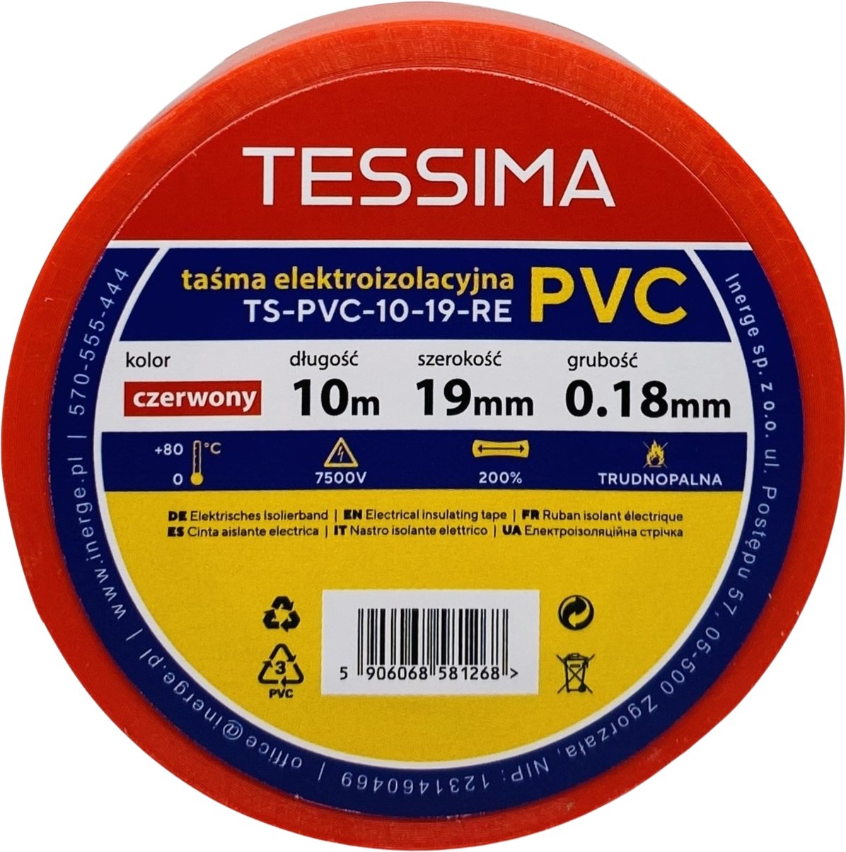 Taśma elektroizolacyjna 10m 19mm 0.18mm czerwona TESSIMA