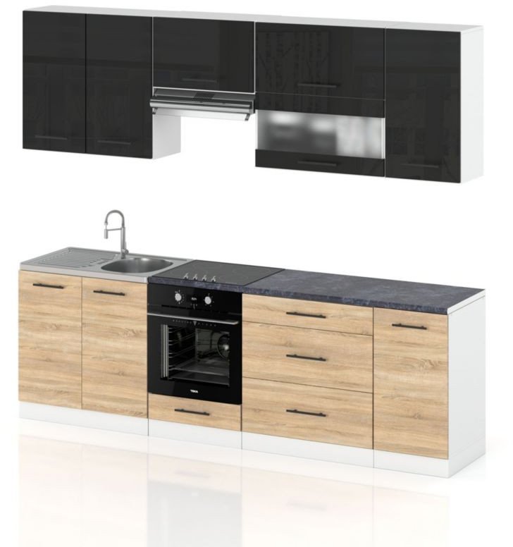 Meble Kuchenne Komplet Kuchnia Robo Lux 2.6m Zestaw Czarny Połysk Sonoma