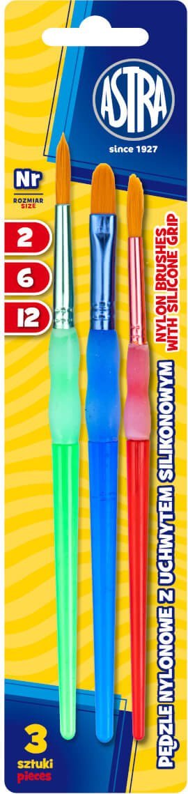Astra Zestaw pędzle nylonowe z silikonowym uchwytem szkolne 3szt roz 2/6/12 ASTRA