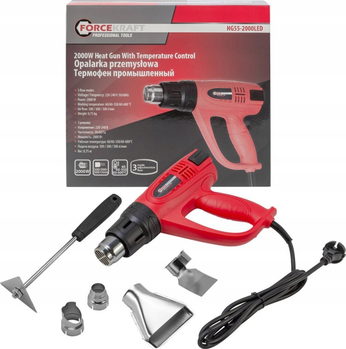 Forcekraft Opalarka elektryczna z dyszami (230V, 50/60Hz, 2000W, 60/350/600stopni, 50/300/500l/min)