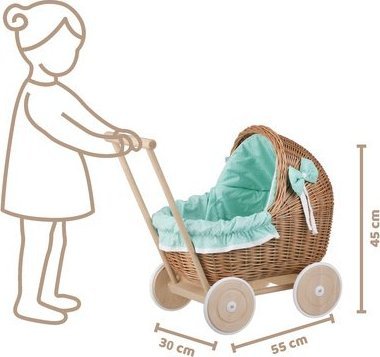 WickerPL Lili Wózek wiklinowy dla lalek z miętowym obszyciem 48x28 H26/47cm standard
